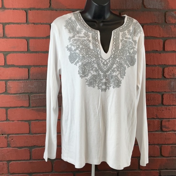Soft Surroundings White Embroidered V-neck Long‎ Sleeve Shirt XL - Picture 1 of 7